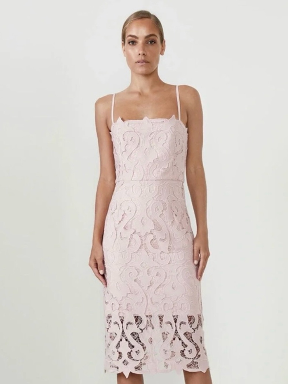 Bardot Pale Pink Lace Midi Dress with Spaghetti Straps Size S